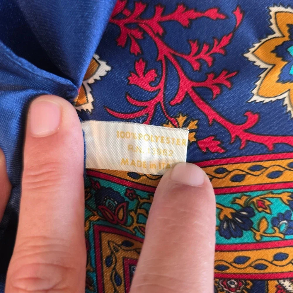 Vintage Paris Accessories Satin Scarf Navy Blue Floral Geometric Made in Italy